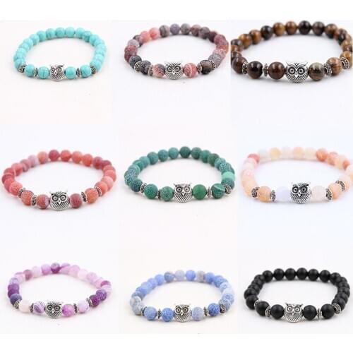 Man Couple Natural Stone Bead Agates Chakra Bracelet Owl Accessories Turquoises Black Volcanic Stone Beada Woman Bracelet