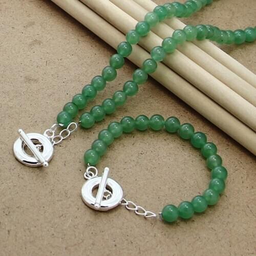 New 8mm Green Agate Beaded Chain 925 Silver OT Buckle Necklace Bracelet Set For Engagement Party Wedding Female Jewelry