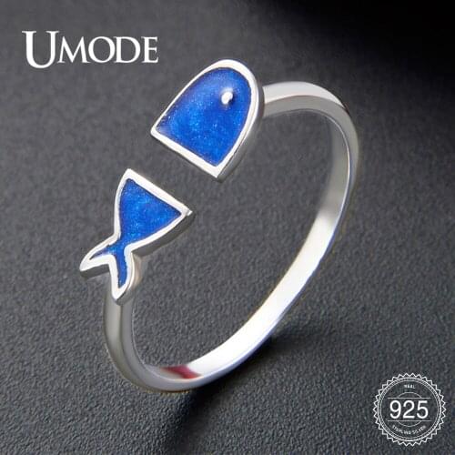 UMODE New Unique 925 Sterling Silver Blue Fish Open Rings for Women Girl Silver Polished Jewelry Adjustable Ring Gift ULR0824