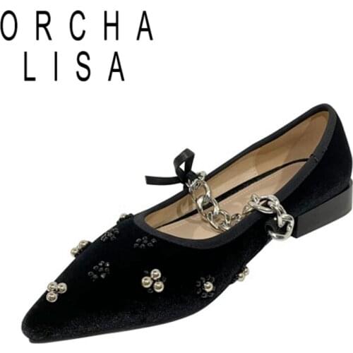 ORCHA LISA 2021 Suede Leather Ladies Flats Chains Bowtie Pointed Toe Bead Flowers Square Heel 2cm Size 34-40 Black Green A4290