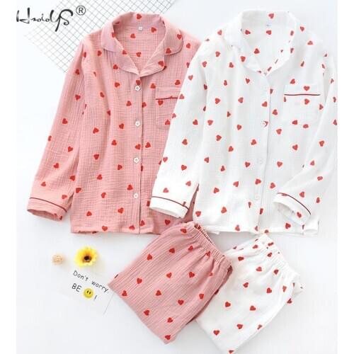 Autumn Ladies Pajamas Set Heart Printed Crepe Cotton Double-layer Gauze Sleepwear Women Long-sleeve Trousers Household Wear