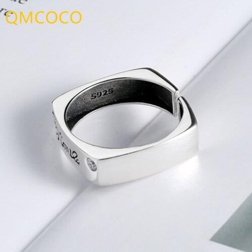 QMCOCO 925 Silver Personality Smiling Face Square Thai Silver Ring For Women Width Finger Open Adjustable Ring