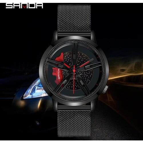 SANDA Fashion 3D Racing Car Wheel Dial Series Steel Mesh Strap Waterproof Watch Men Wheel Rim Hub Wristwatch Relogio Masculino