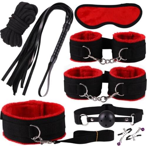 Sexy Nylon Sex Toys Kits Plush Sex Bondage Set Handcuffs Sex Games Whip Gag Nipple Clamps For Couples Exotic Accessories