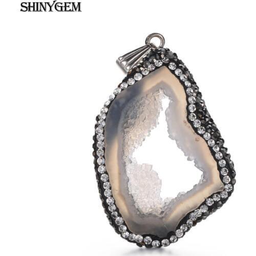 ShinyGem 35-50mm Agates Druzy Pendant Around Cubic Zircon Irregular Beige Natural Stone Pendant Pendulum For Jewelry Making 5pcs