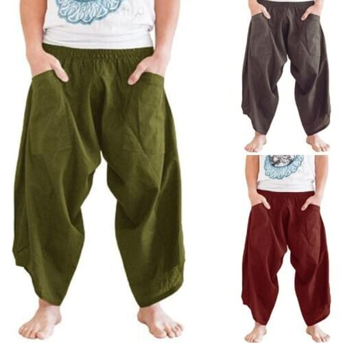 Adult Men Medieval Renaissance Lounge Pirate Horseman Costume Loose Pants Viking Black Brown Navigator Leg Bandage Trouser 5XL