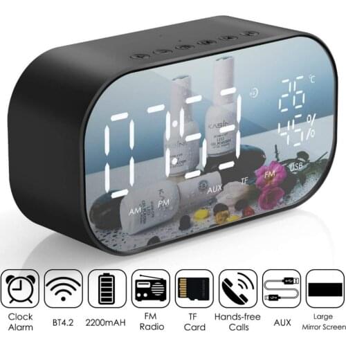 LED Alarm Clock with FM Radio Wireless Bluetooth Speaker Mirror Display Support Aux TF USB Music Player Wireless for Office Home