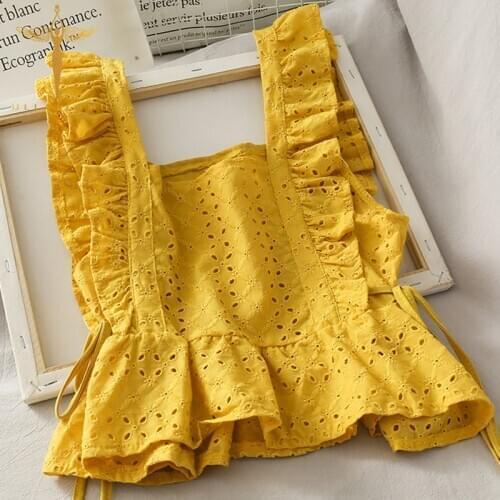 Women Hollow Ruffle Sleeveless T-shirt Korean Square Collar Slim Irregular Crop Top Backless Street Lace-up Female Tee Shirt