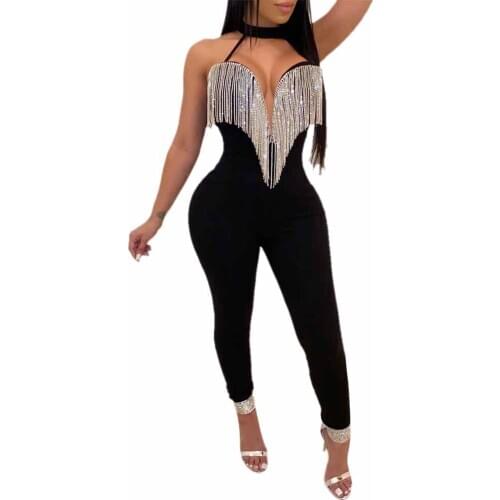 Women Tassels Bodycon Jumpsuits Female Sleeveless Strappy Yoga Running Set Sexy Deep V-Neck Backless Rompers Fashion Jumpsuit