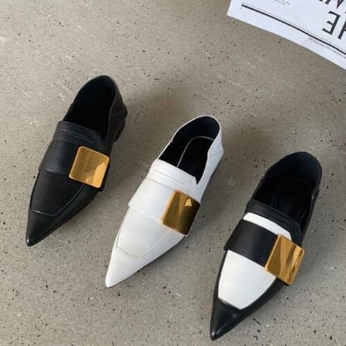 Brand Design Women Flat Shoes Autumn Luxury Metal Buckle Ladies Pointed Toe Slip-on Loafers Casual FemaleOutdoor Work Shoes 2021