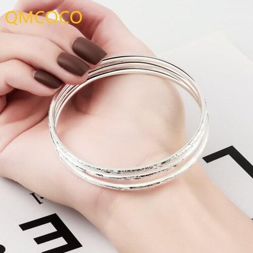 QMCOCO 925 Silver Geometric Design Bracelet Female Three Rings Non-Adjustable Bracelet Woman Valentines Day Hand Accessories