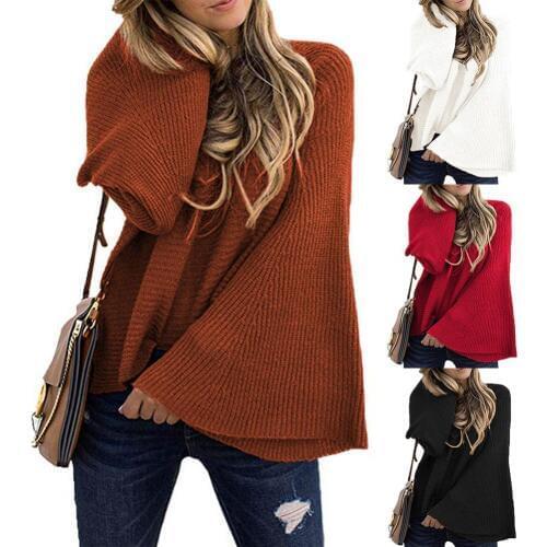 Women Autumn Winter Long Flared Sleeve O Neck Solid Color Loose Knitwear Sweater fashion autumn winter clothing causal sweater