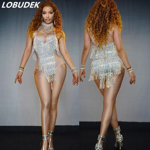 Bar Women DJ Latin Pole Dancing Costume Silver Sequins Tassel Bodysuit Elastic Tights Sexy Nightclub Dance Leotard Stage Wear