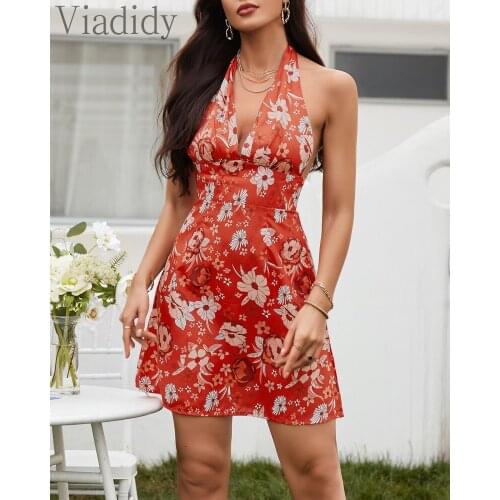Women Summer Floral Print Halter Backless Mini Dress