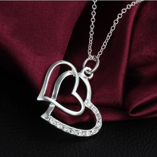 Simple Fashion 925 Sterling Silver Necklace Pendant Double Heart Necklace For Women Party Gift