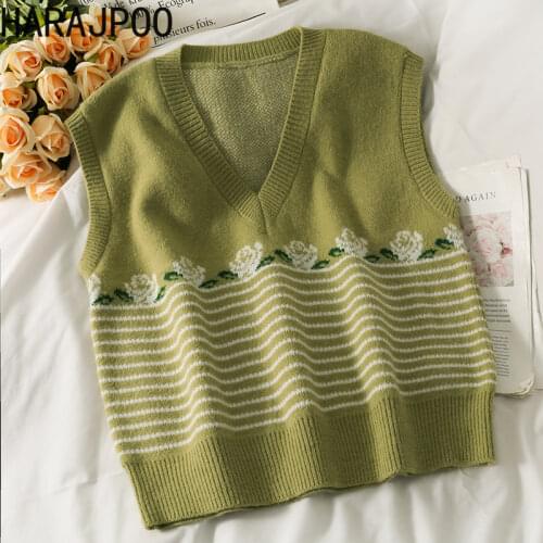Harajpoo Female Waistcoat 2021 New Striped Print Sleeveless Sweater Tops Women Clothing Autumn Slim All Match V Neck Vest