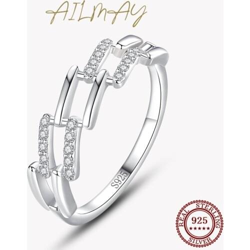Ailmay Silver Geometric Design Ring 925 Sterling Silver Fashionc Clear CZ Finger Rings For Women Girls Party Accessories Jewelry