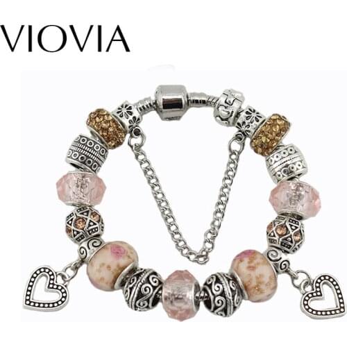 VIOVIA Accessories Charm Silver-plate Bracelet & Bangles Crystal Beads Bohemian Style Luxury Crown Pendant for Women gift B15166