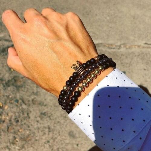 3 Pcs/set Royal Crown Bracelet Men Classic Matte Black Stone Beads Bracelet Sets For Men Jewelry Gift