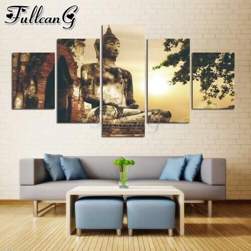 FULLCANG Sunset stone buddha icon 5 piece diy diamond painting full square round drill mosaic embroidery sale home decor FC3420