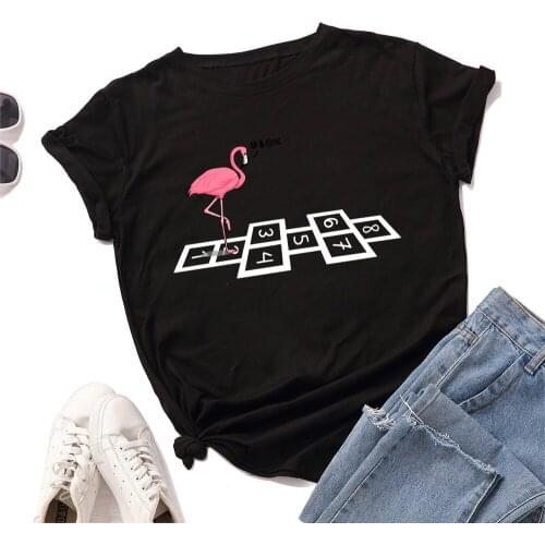 Plus Size T-shirt Cartoon Animal Bird Flamingo Numbers Print Oversized T Shirts Female O Neck Short Sleeve Tee