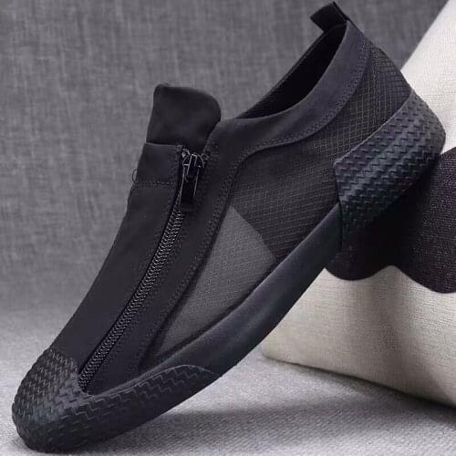 Summer Fashion Mens Flat Shoes Slip on Zipper Mens Casual Mesh Canvas Shoes Summer Mens Sneakers Flats