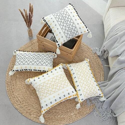 Plaid Geometric Embroidery Tassel Cushion Cover Yellow Moroccan Sofa Pillow Cover Cotton Lumbar Pillow Home Decoration