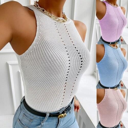 Leosoxs 2021 Spring Autumn New Fashion Sexy O Neck Hollow Out Womens T Shirts Casual Bodycon Solid Sleeveless Lady Knit T Shirt