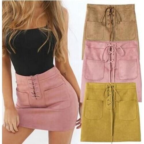 Hot Sale Women Mini Skirt Leather Suede Lace Up Bandage High Waist Party Pencil Shor Ladies Womens Brief Solid Daily Skirts
