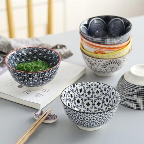 4 Pcs/Set 4.5 Inch Rice Bowl Ceramic Tableware Thread Underglaze Color Support Oven and Dishwasher Noodle Bowl Ramen Large Bowl