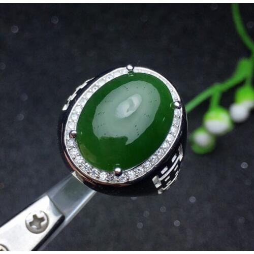 Natural Hetian Jade Man Ring 925 sterling silver Wholesales Fine jewelry 12*16mm gem