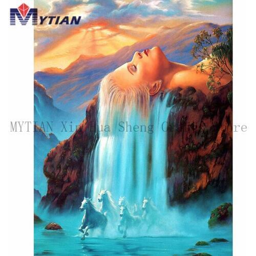 MYTIAN Diamond Painting Beauty Women Hair Animated Waterfall Horse Picture of Rhinestones Beadwork Diamond Handmade Home Decor