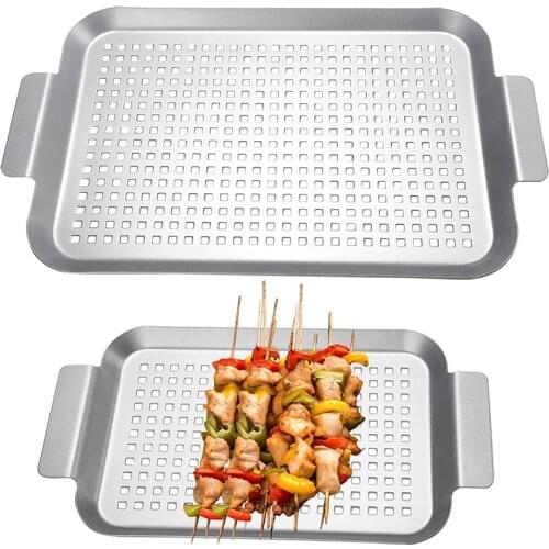Grill Basket Set of 2 Nonstick Grilling Tray Durable Grill Pans with Holes for Outdoor Small and Big Topper Baskets BBQ Tool