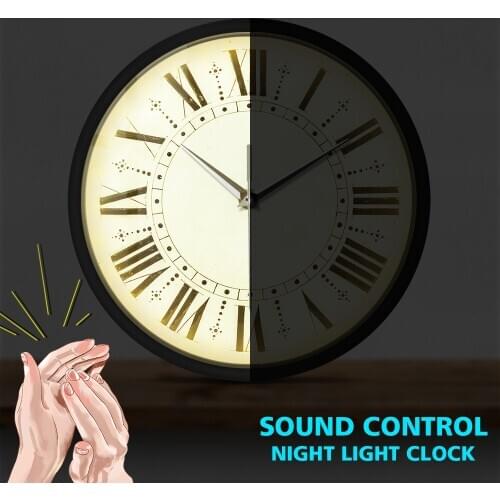 Retro Rustic Round Sound Activated Wall Clock Roman Numerals Silent Non-Ticking Quartz Watch Antique Farmhouse Led Light