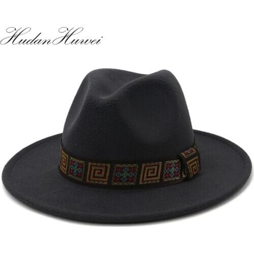 New Men Women Jazz Panama Cap Woolen Felt Fedora Hat Flat Wide Brim Church Holiday Winter Autumn Top Hat