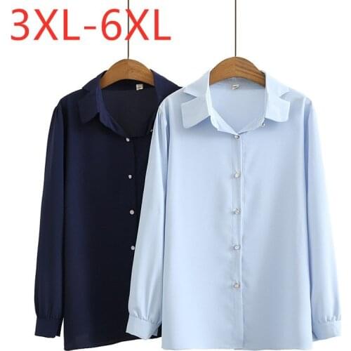 New 2021 Ladies Spring Autumn Plus Size Tops For Women Large Long Sleeve Loose Casual Blue Button Chiffon Shirt 3XL 4XL 5XL 6XL