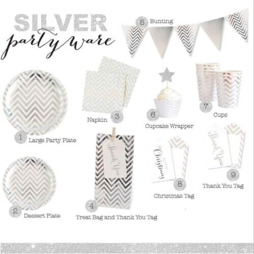 Silver Striped Disposable Tableware Paper Plates Cup Straw Gift Bag Baby Shower Decor Kids Birthday Party Wedding Supplies