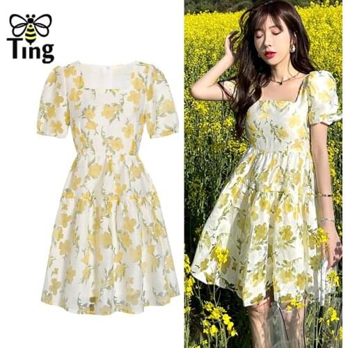 Tingfly Sweet Girl Kawaii Floral A Line Mini Short Dress Lady Summer Vintage Puff Sleeve Casual Dresses Streetwear Robes Courte
