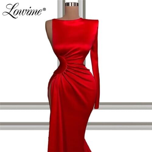 Simple Red Evening Dresses 2021 Middle East Dubai One Shoudler Mermaid Saudi Arabia Aibye Party Dress Cheap Satin Prom Gowns