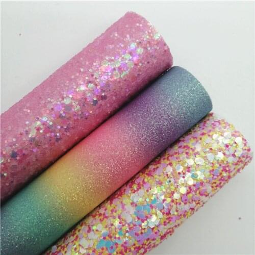 Iridescent Chunky Glitter Faux Leather Fabric Pastel Colors Rainbow Fine Glitter Leather Vinyl Sheets for Bows DIY 21X29CM G529