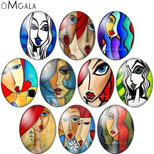 Colorful Artistic Abstract Women Face Patterns mixed 13x18mm/18x25mm/30x40mm Oval photo glass cabochon flat back Making findings