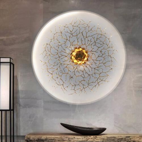 Light luxury all copper leaf large wall lamp living room tea room corridor lamp Zen landscape Wall Hotel Villa Club lamp