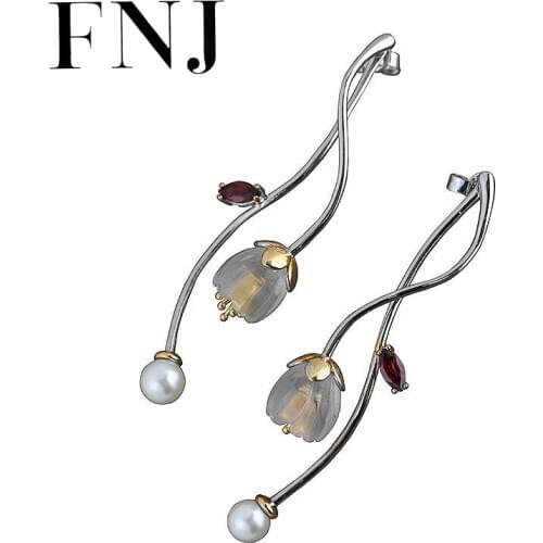 FNJ Pearl Earrings 925 Silver Original Pure S925 Sterling Silver Stud Earring for Women Jewelry Glass Flower