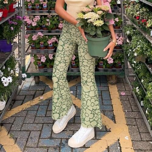 Vintage Fashion Green Floral Printed Skinny High Waist Pants Harajuku 2000s Aesthetic Flare Pants Women Trousers Slim