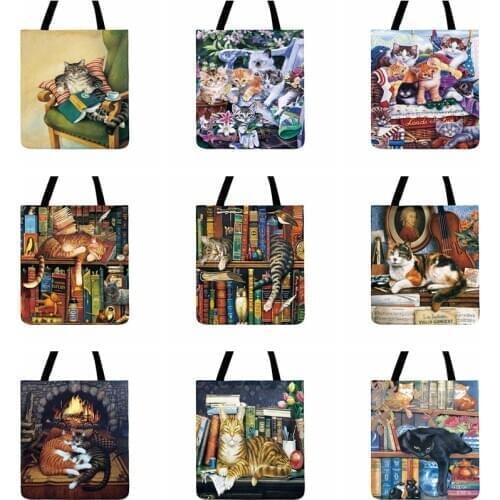 Vintage Oil Painting Art Print Tote Bags For Ladies Shoulder Bags Cat On Bookshelf Women Casual Tote Fashion Shopping Bags