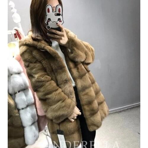 Natural Genuine Mink Fur Luxury Hooded long coat womens mink fur jacket outwear