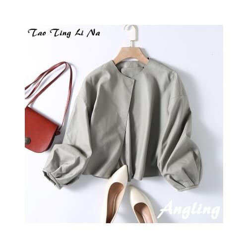 Tao Ting Li Na Genuine Sheep Leather Jacket Women High Waist Lantern Sleeve Real Leather Jacket G35