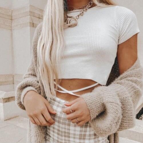 Womwn Hot Salling Summer Lacing T-shirt Female Sexy Solid Color Short Section Exposed Navel Short-sleeved Streewaer Crop Top