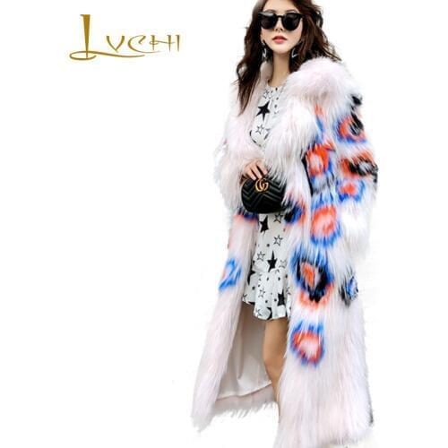 LVCHI 2019 Winter Real Fox Fur Coats Turn-Down Collar Natural Fox Fur Coat Womens Print Long Sleeve Long Wave Fox Fur Coats