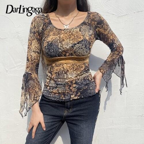 Darlingaga Vintage Fashion Y2K Floral Print Female T-shirt Lace Patchwork Flare Sleeve 90s Aesthetic Top Fairy Grunge Tshirt New